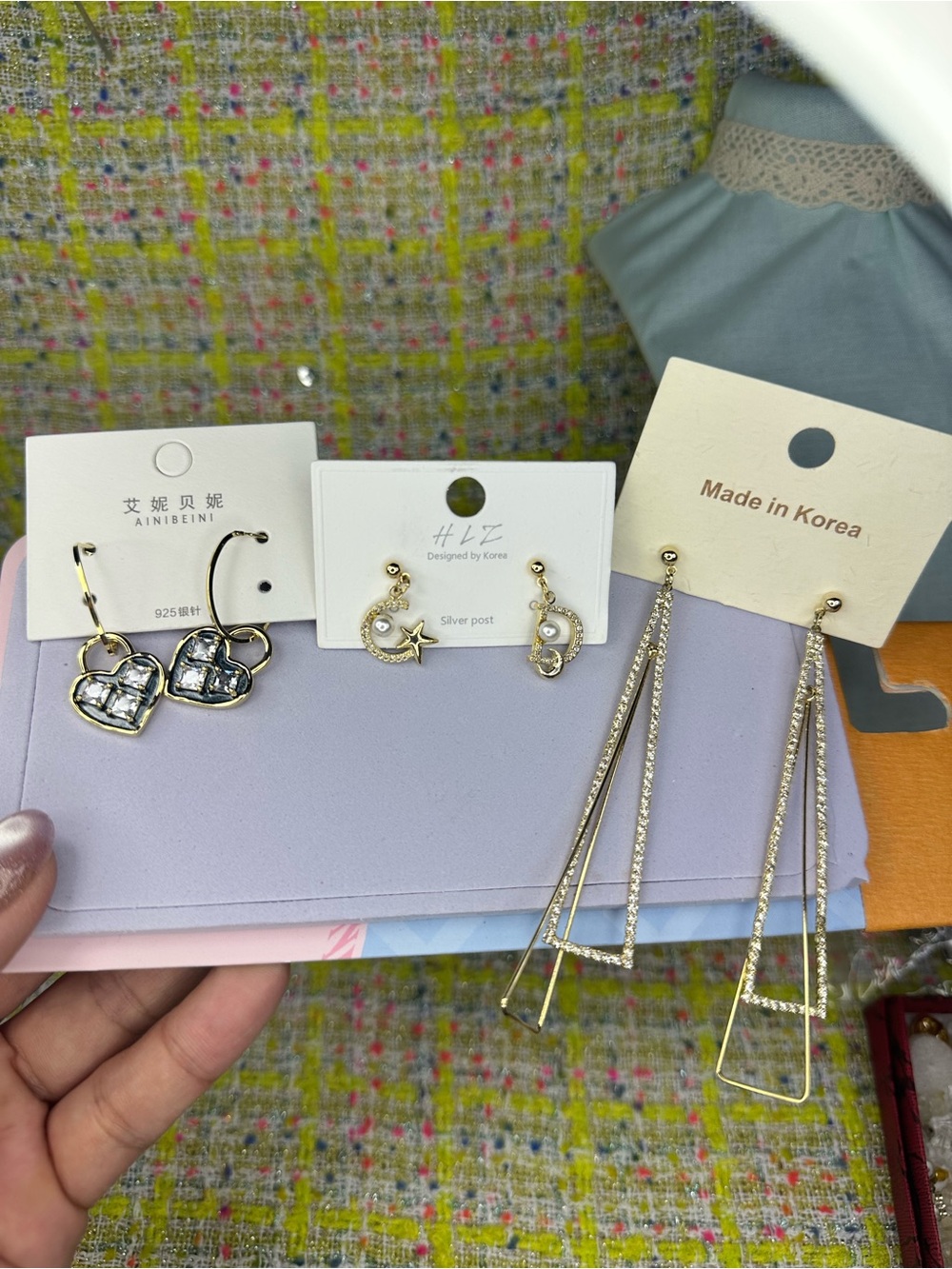 A great Gold Long Drop Triangle & Bar Earrings 3 pairs